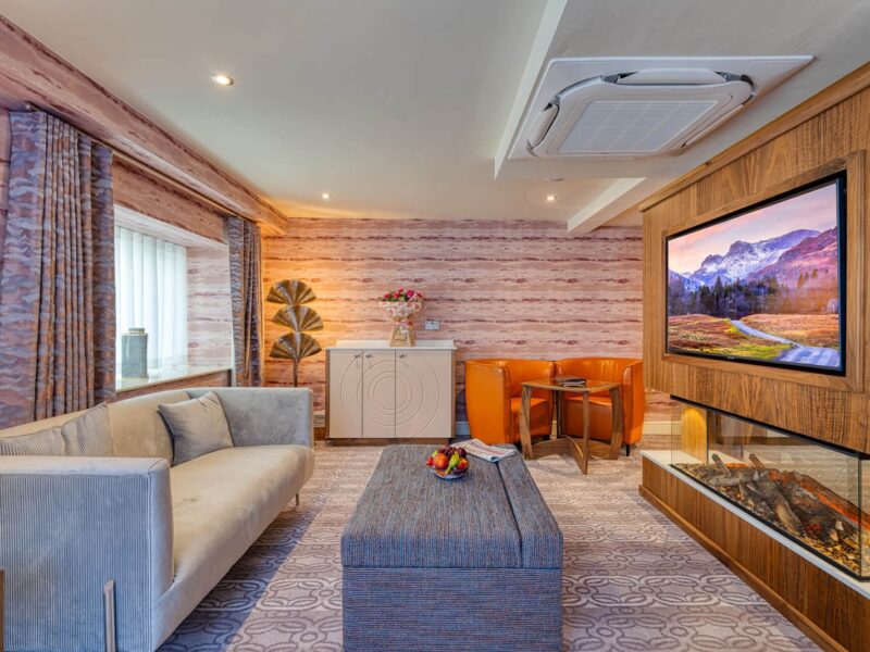 Olive Mews lounge fireplace and tv